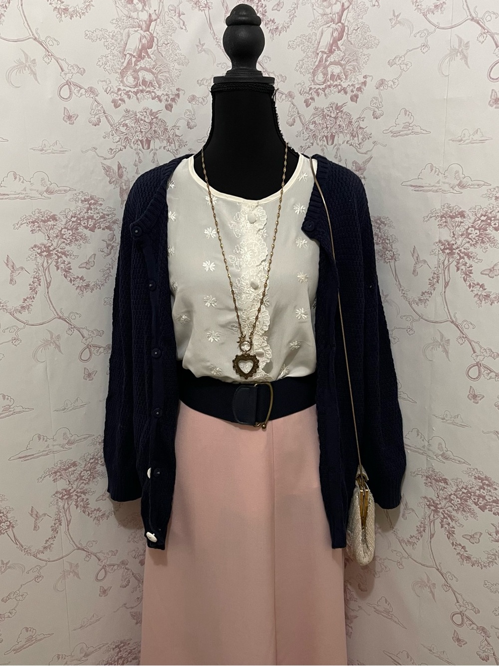 Pink white stag skirt and ivory Victoria Jones embroidered blouse
